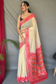 Linen Light Beige Weaved Thread Casual Wear Saree 