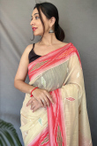 Linen Light Beige Weaved Thread Casual Wear Saree 