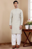 Linen Light Grey Resham Embroidered Straight Cut Men's Kurta Pajama