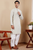 Linen Light Grey Resham Embroidered Straight Cut Men's Kurta Pajama