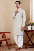 Linen Light Grey Resham Embroidered Straight Cut Men's Kurta Pajama