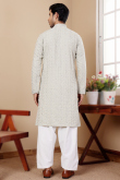 Linen Light Grey Resham Embroidered Straight Cut Men's Kurta Pajama