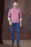Linen Printed Dark Mauve Waist Length Men's Short Kurta 
