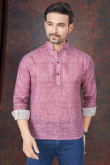 Linen Printed Dark Mauve Waist Length Men's Short Kurta 