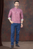 Linen Printed Dark Mauve Waist Length Men's Short Kurta 