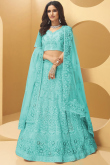 Stone Work Embroidered Organza Turquoise Blue Lehenga