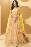 Stone Work Embroidered Organza Yellow Lehenga