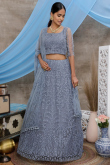 Embroidered Dusty Blue Net Panelled Wedding Lehenga