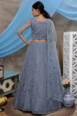 Embroidered Dusty Blue Net Panelled Wedding Lehenga