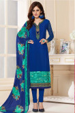 Blue Crepe Embroidered Churidar Suit