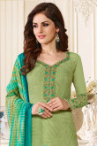 Green Crepe Embroidered Churidar Suit