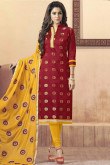 Red Banarsi Jacquard Embroidered Churidar Suit