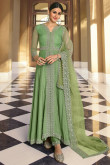 Mehndi Zari Embroidered Sage Green Anarkali Suit in Soft Silk