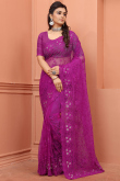 Magenta Pink Net Embroidered Saree