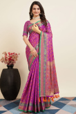 Magenta Pink Weaved Zari Silk Broad Border Saree For Sangeet 