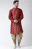Maroon Front Slit Party Wear Men Kurta Pajama in Dupion Silk