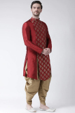 Maroon Front Slit Party Wear Men Kurta Pajama in Dupion Silk