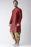 Maroon Front Slit Party Wear Men Kurta Pajama in Dupion Silk