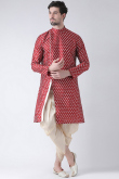 Maroon Dupion Silk Printed Men Dhoti Kurta