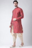 Maroon Dupion Silk Printed Men Dhoti Kurta