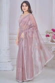 Mauve Organza Saree With Sequins Work For Diwali