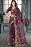 Mauve Pink Floral Net Embroidered Saree 