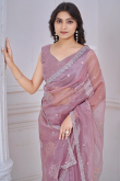 Mauve Pink Organza Saree With Sequins Work For Diwali