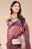 Mauve Pink Organza Saree With Weaved Work For Diwali