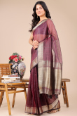 Mauve Pink Organza Saree With Weaved Work For Diwali
