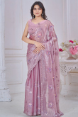 Mauve Pink Shimmer Organza Saree With Mirror Work For Diwali