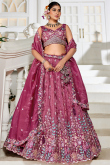 Mauve Pink Tissue Embroidered Panelled Style Lehenga For Wedding