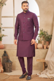 Mauve Taupe Men's Silk Kurta Pajama With Embroidered Jacket