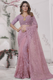 Mauve Taupe Net Embroidered Saree For Sangeet 