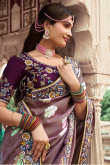 Mauve Taupe Silk Blend Saree With Mirror Work for Diwali