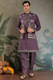Mauve Taupe Viscose Silk Men's Kurta Pajama With Embroidered Jacket