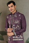 Mauve Taupe Viscose Silk Men's Kurta Pajama With Embroidered Jacket