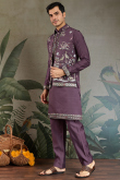 Mauve Taupe Viscose Silk Men's Kurta Pajama With Embroidered Jacket