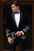 Navy Blue Embroidered Velvet Men's Coat Pant