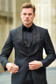 Black Embroidered Rayon Men's Coat Pant