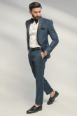 Plain Teal Blue Silk Men's Coat Pant