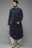 Men Navy Blue Plain Kurta With White Dhoti