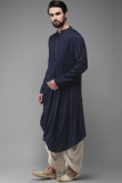 Men Navy Blue Plain Kurta With White Dhoti
