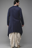 Men Navy Blue Plain Kurta With White Dhoti