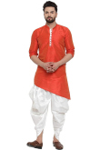 Men Red Asymmetrical Kurta With White Dhoti