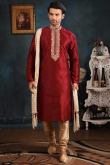 Mens Ethnic Maroon Kurta with Gold Churidar for Wedding & Party