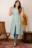 Mint Blue Cotton Ready Made Front Slit Casual Wear Kurti