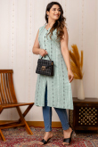 Mint Blue Cotton Ready Made Front Slit Casual Wear Kurti