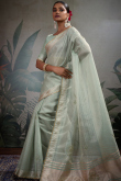 Mint Blue Kora Silk Saree With Zari Work For Diwali
