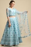 Mint Blue Net Embroidered Panelled Style Lehenga 