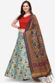Mint Blue Printed Satin Silk A Line Lehenga